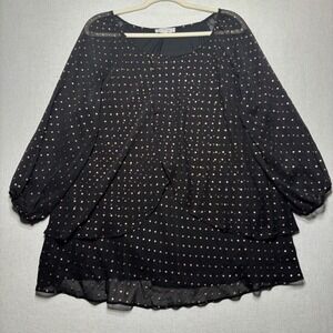 Blousology Metallic Polka Dot Sheer Long Sleeve Tiered Blouse 1X
